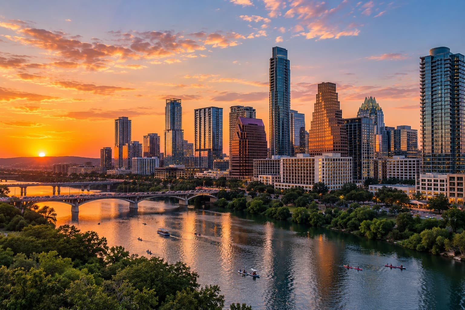 Downtown Austin at sunset across Lady Bird Lake, with kayakers on the water