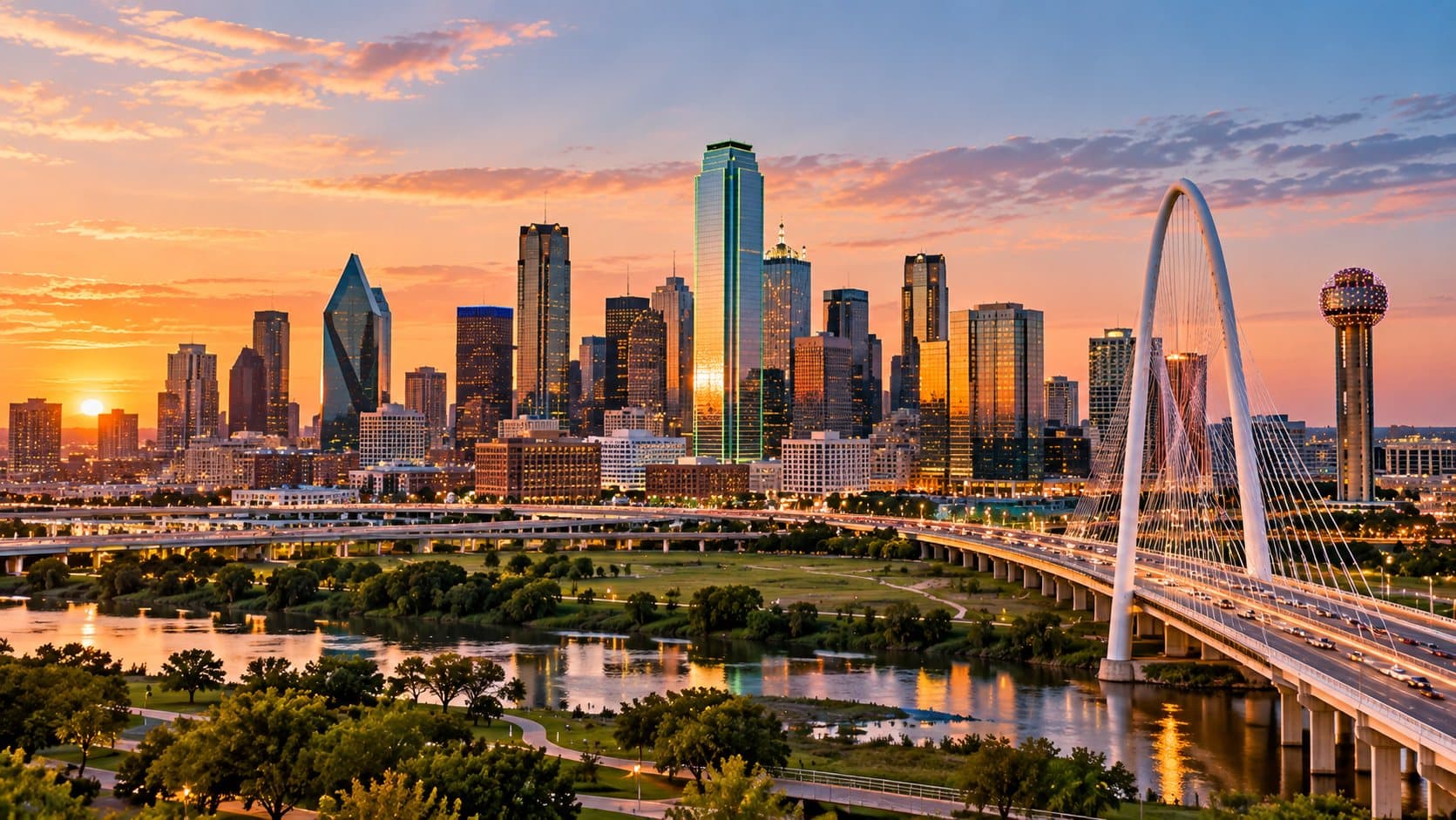 The Dallas skyline at sunset across the Trinity River