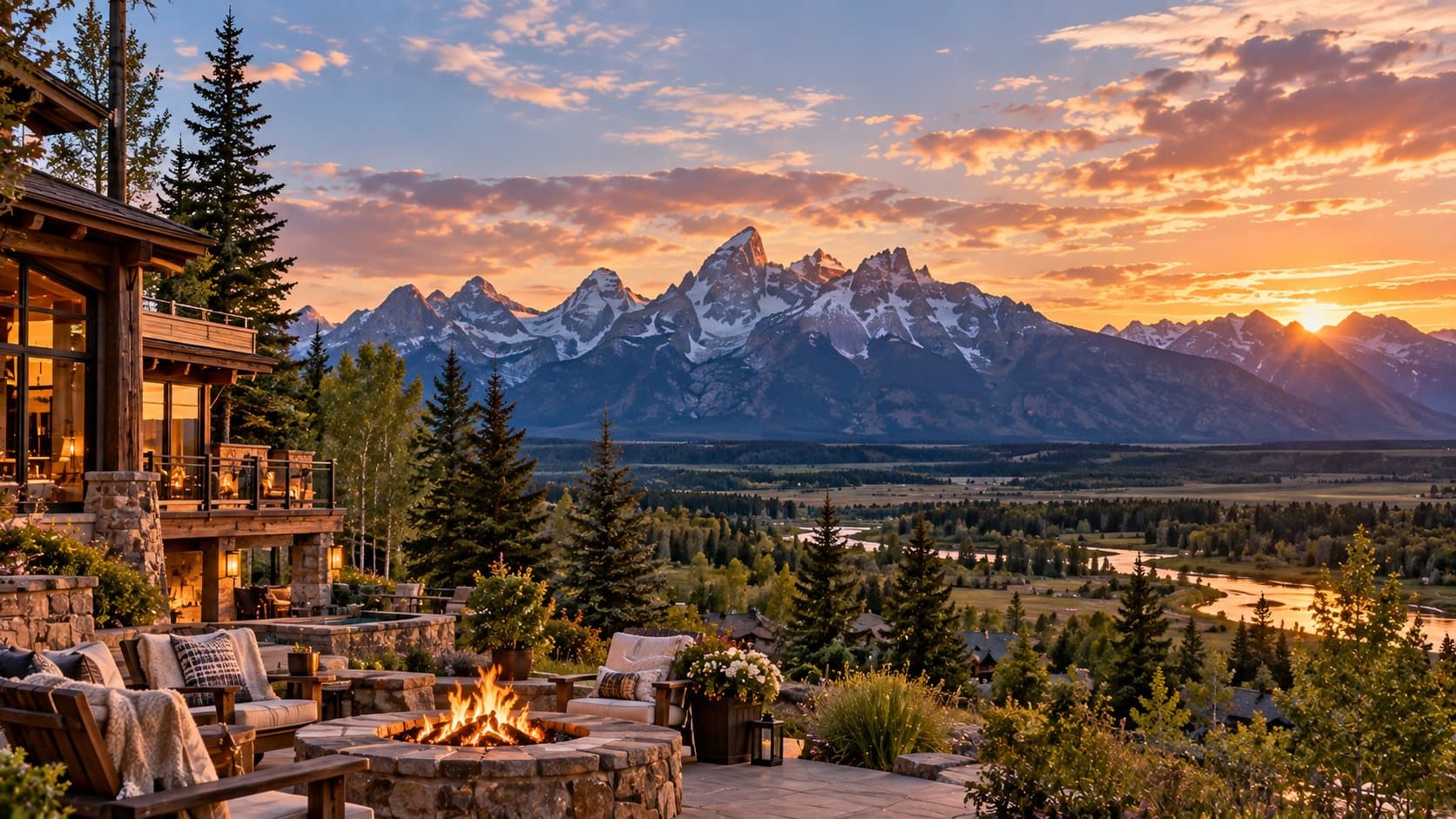 The Tetons at sunset, seen from a lodge terrace above the valley