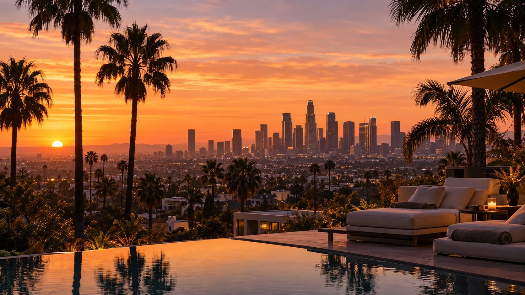 Los Angeles at golden hour, palms and the downtown skyline beyond a terrace