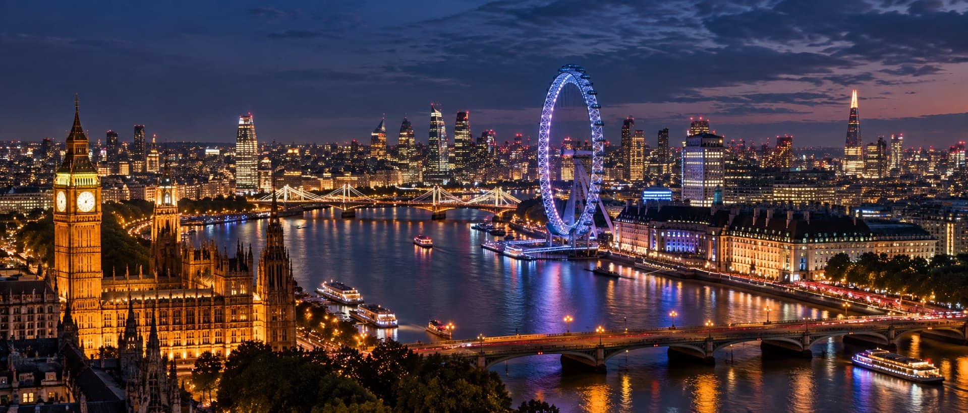 London at night above the Thames, with Big Ben and Parliament lit gold and the London Eye in blue light