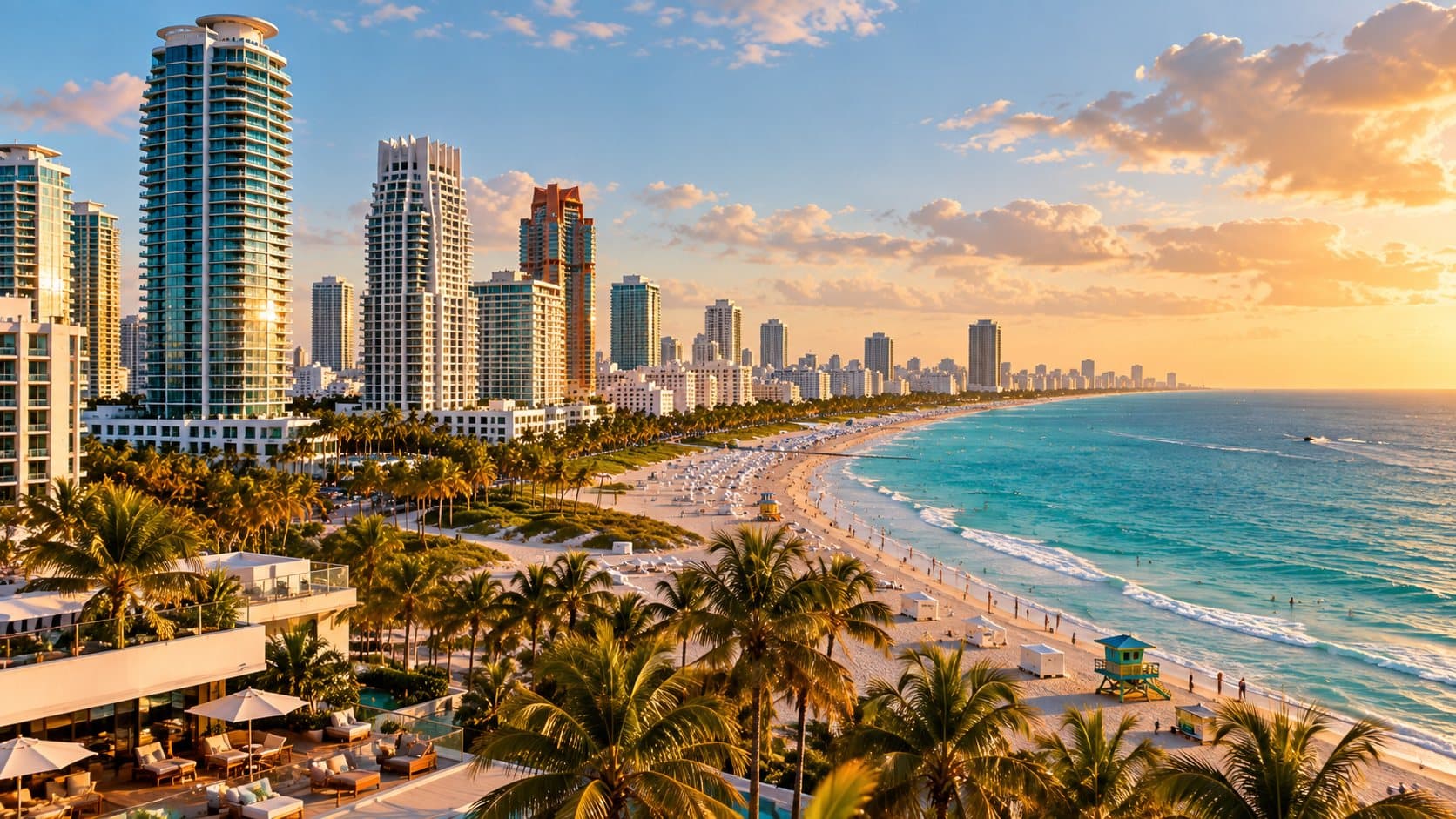 Miami waterfront and palms at dusk, seen along the beach
