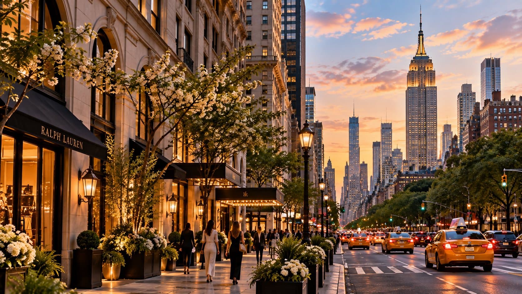 Fifth Avenue at dusk, storefronts lit and the Empire State Building beyond