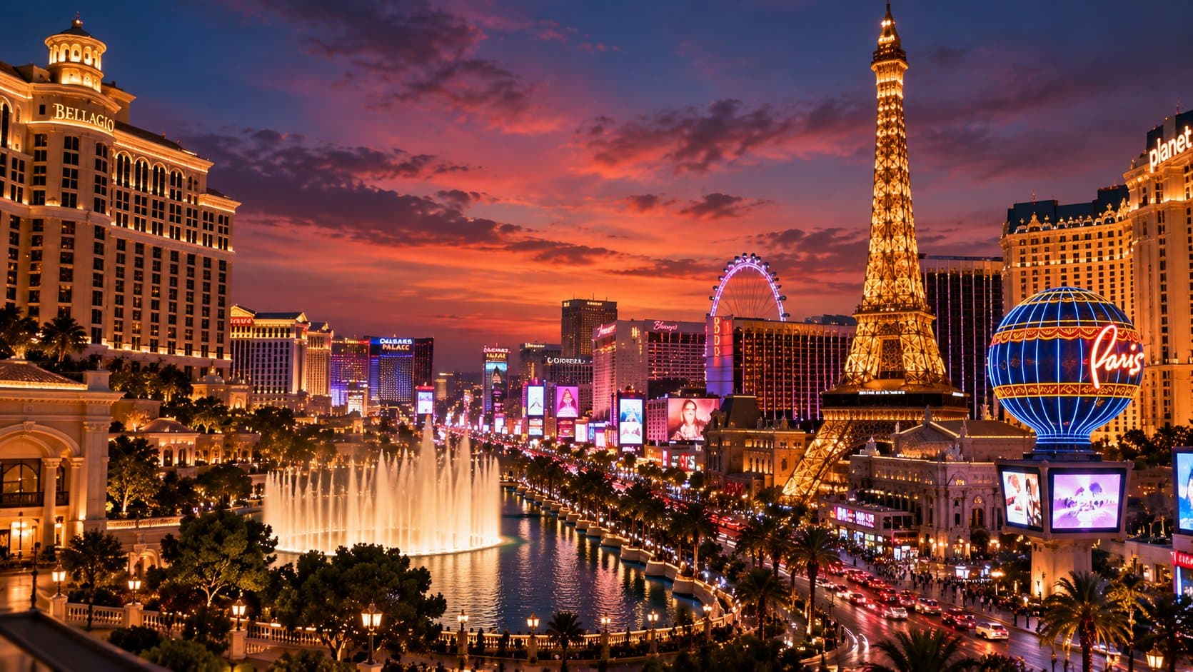 The Las Vegas skyline lit at dusk
