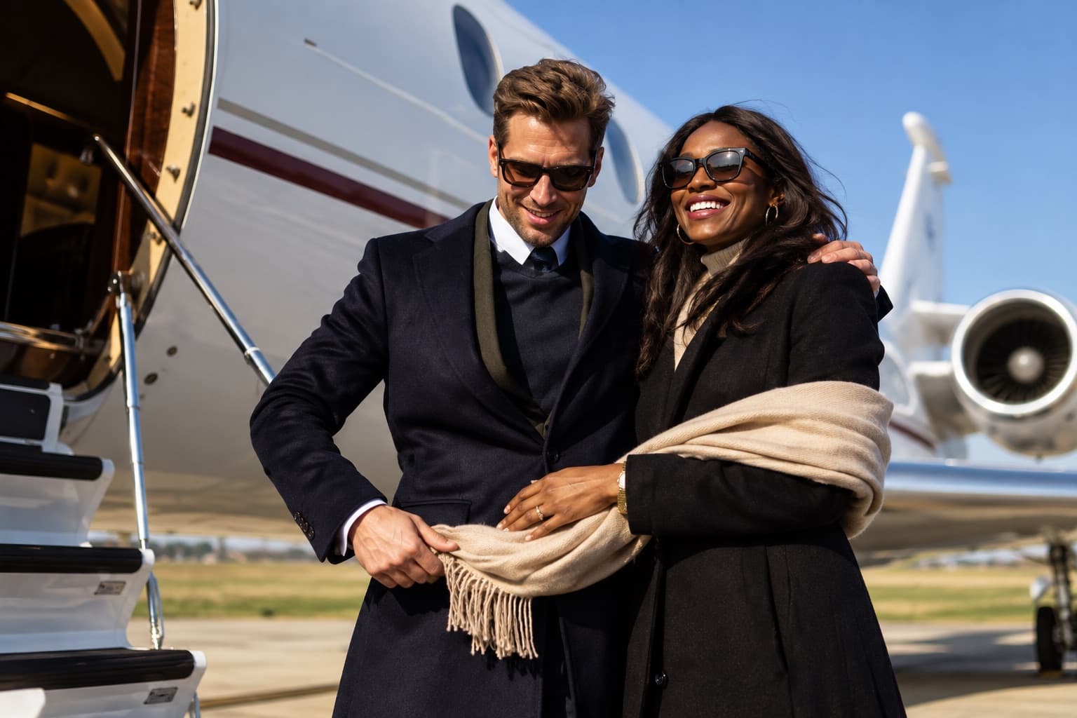A smiling couple in winter coats standing beside the steps of a private jet