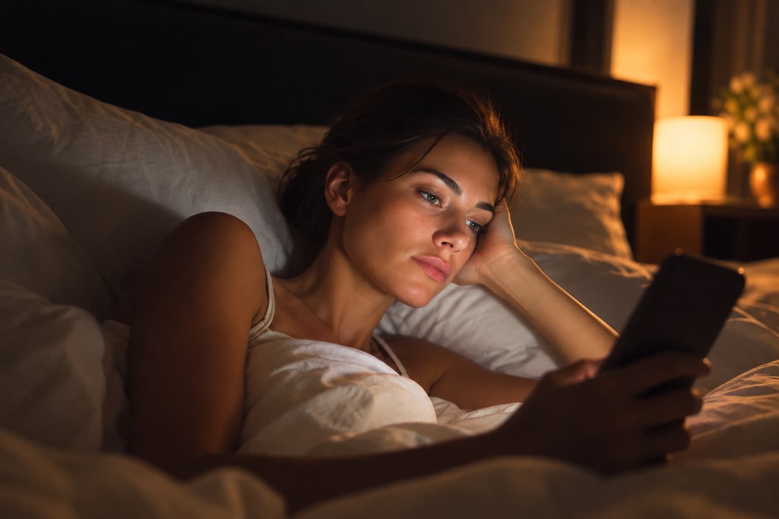 A woman lying in bed at night, lit by a bedside lamp, scrolling on her phone