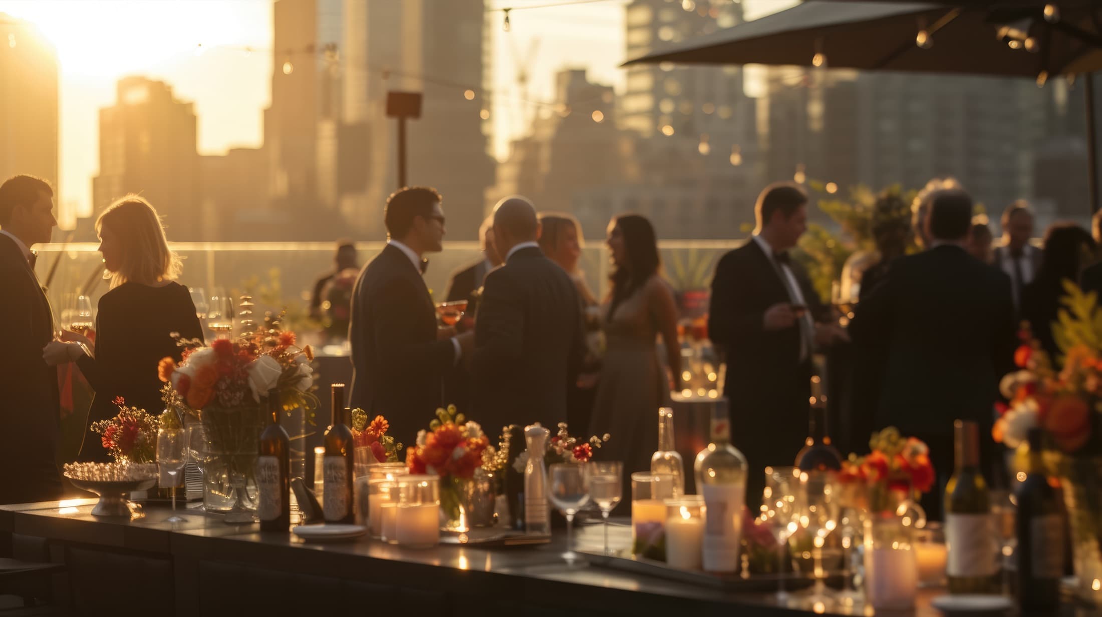 Guests in evening wear mingling at a rooftop party at sunset, a table of flowers, candles and wine in front