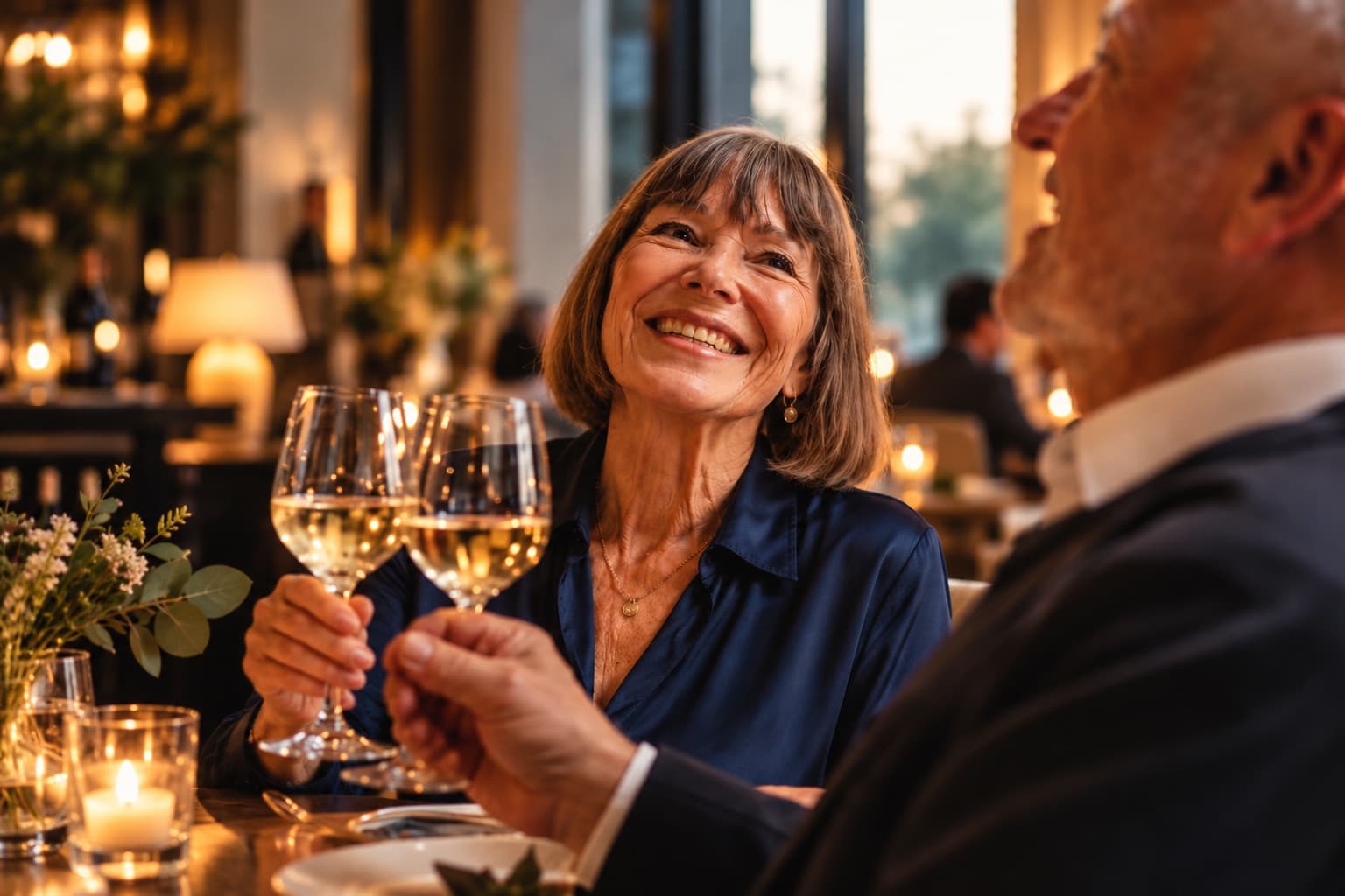A smiling woman in a navy silk blouse raising a glass of white wine with her date